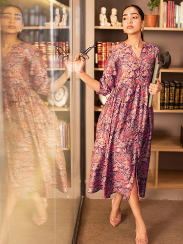 Wine Printed Silk Blend A-Line One Piece Dress