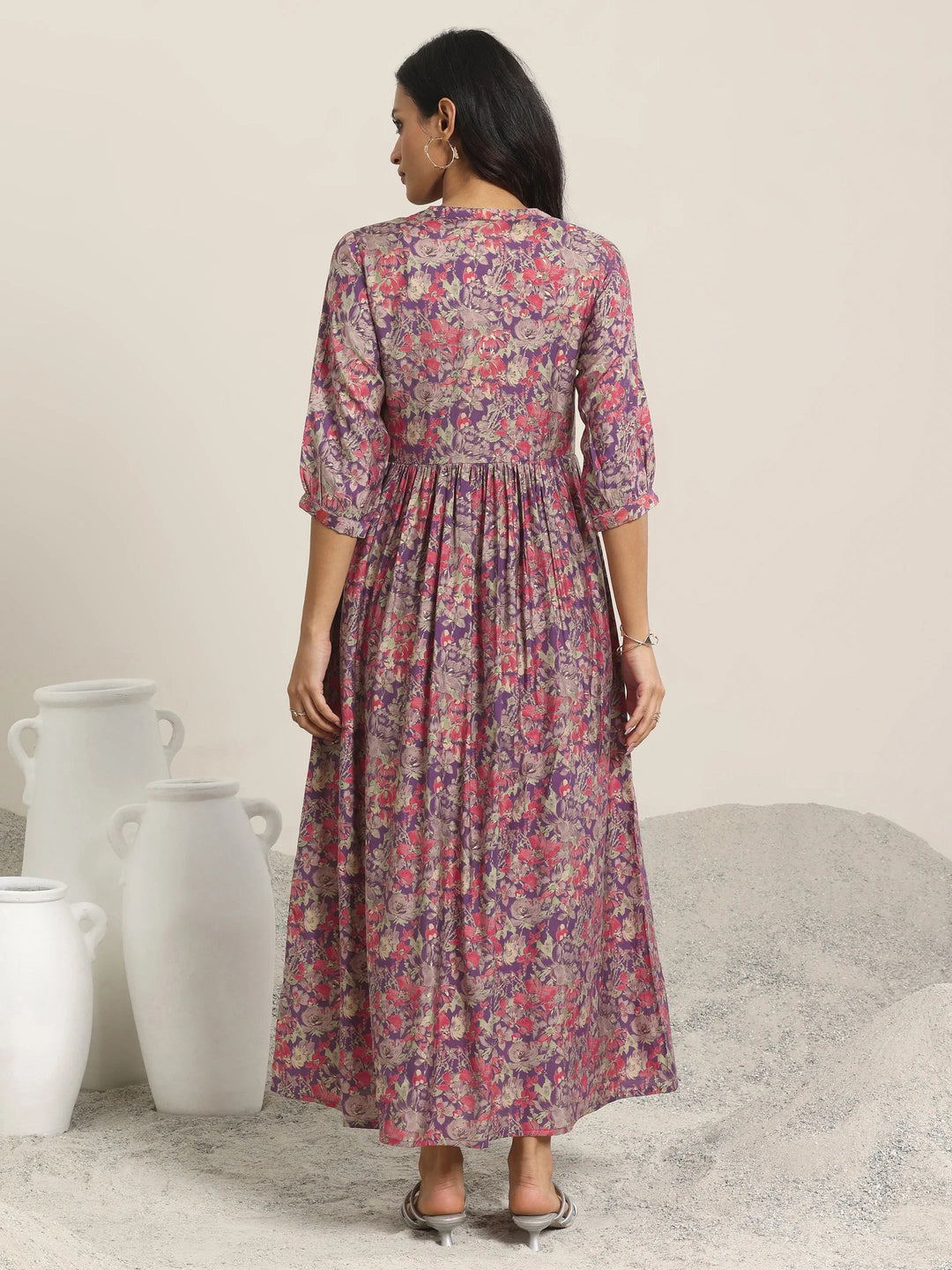  Wine Printed Silk Blend A-Line One Piece Dress 