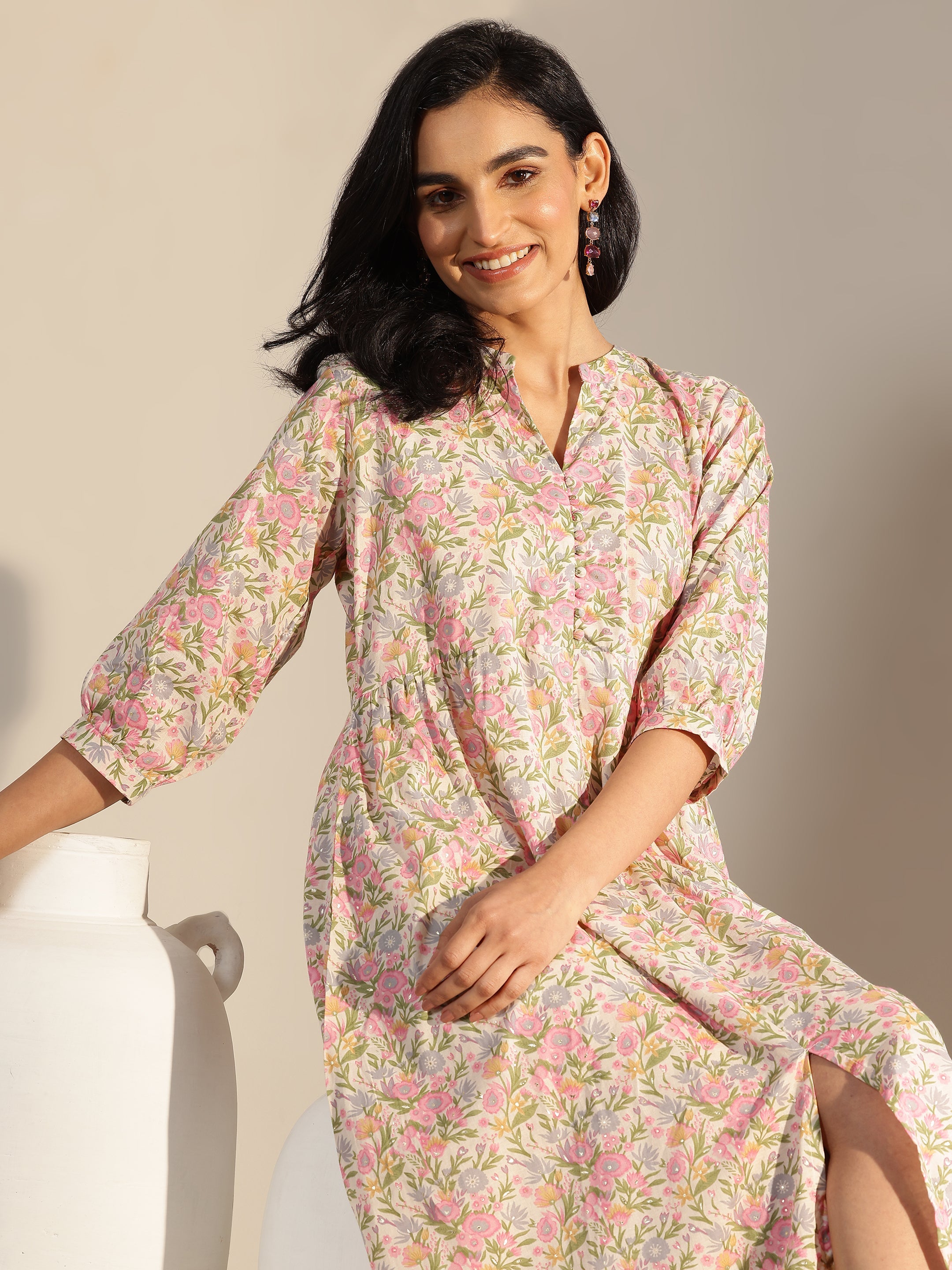 libas Pink Printed Silk Blend A-Line One Piece Dress-picture-21
