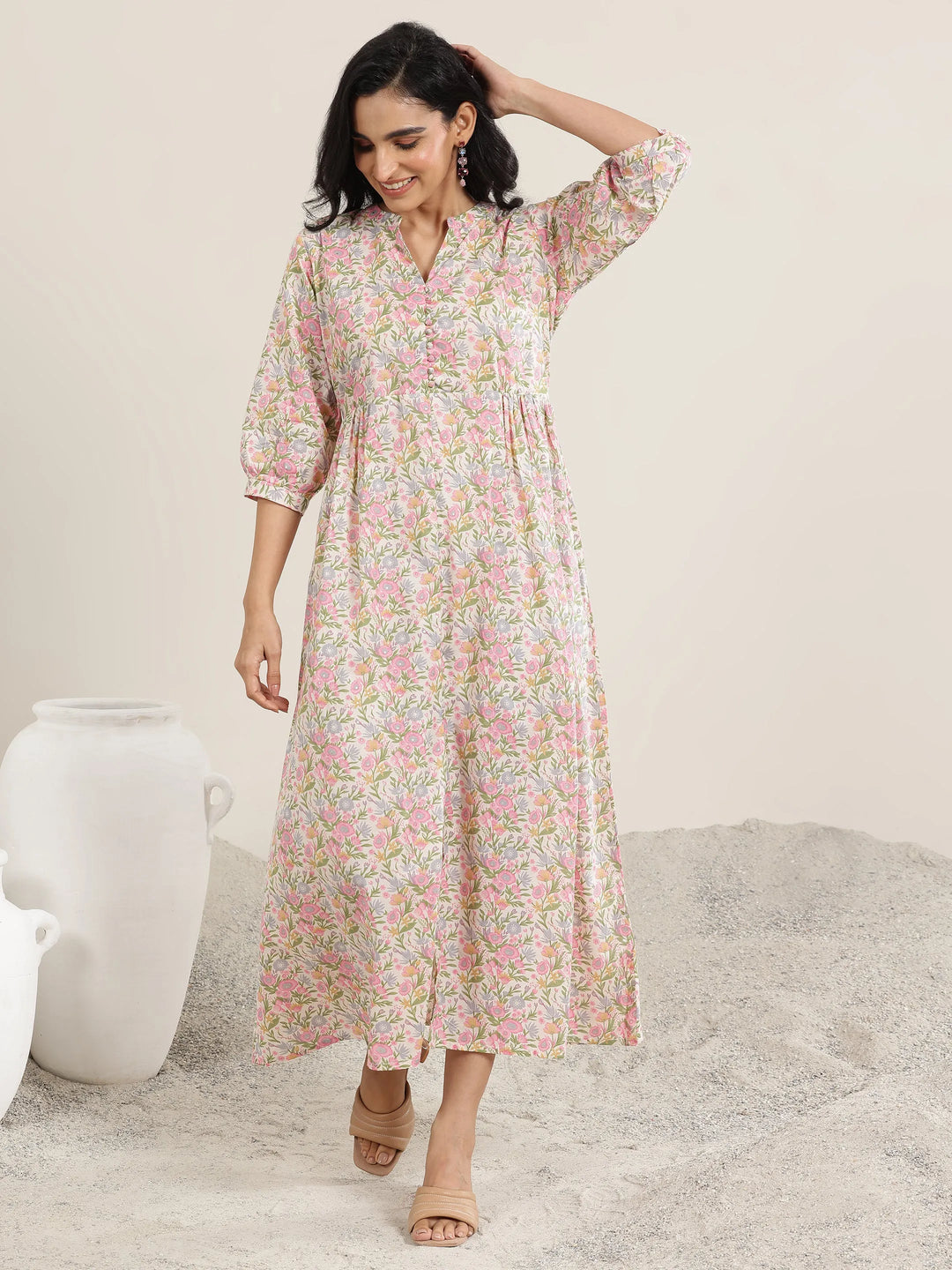  Pink Printed Cotton Blend A-Line Dress 