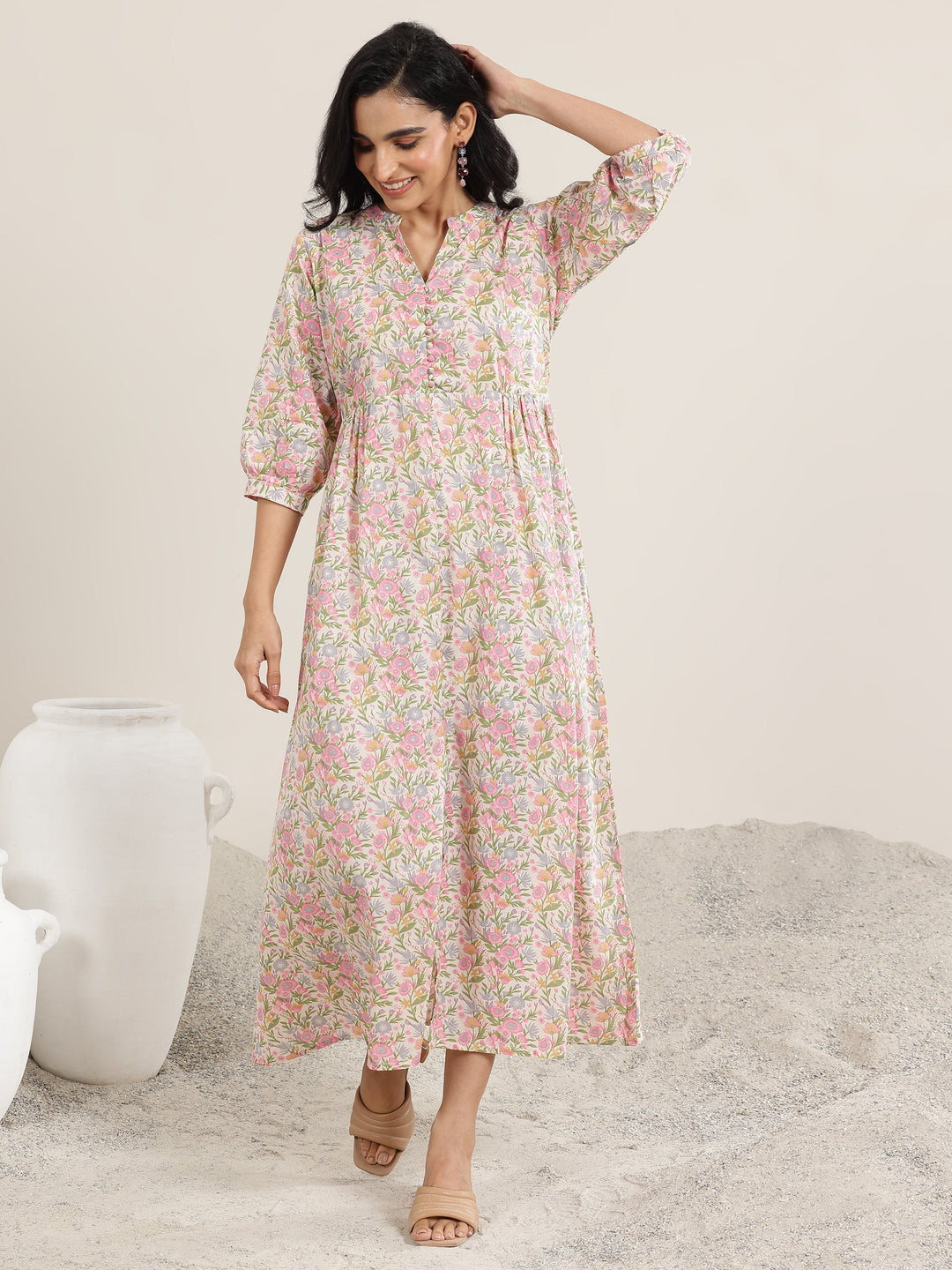  Pink Printed Silk Blend A-Line One Piece Dress 
