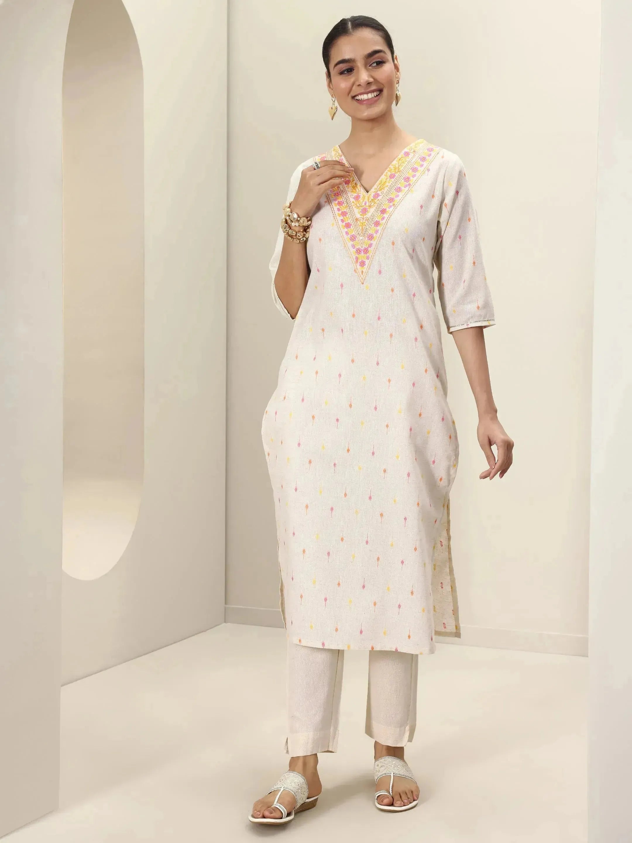 libas Off White Embroidered Cotton Straight Kurta-picture-38