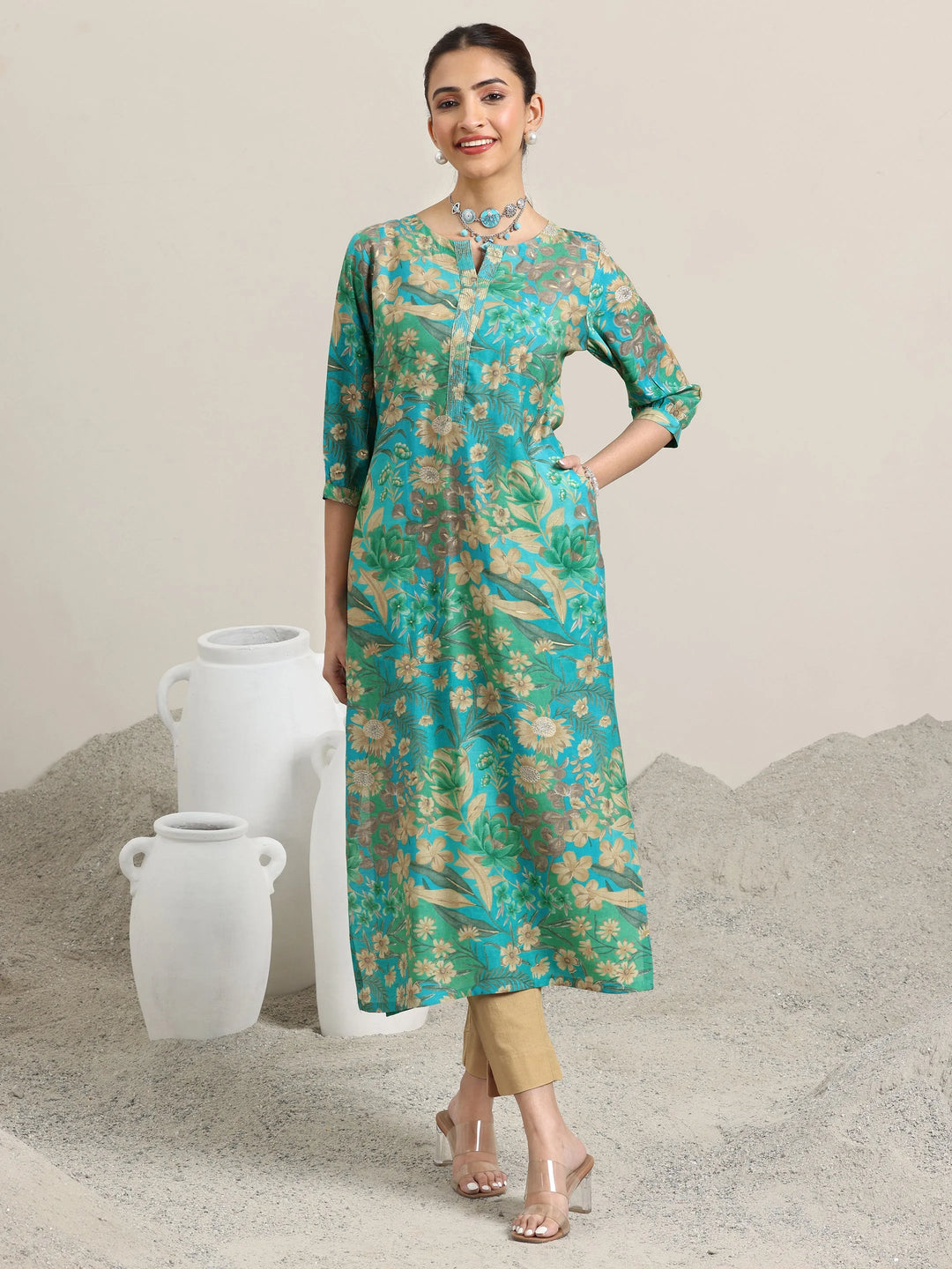  Blue Printed Silk Blend Straight Kurta 