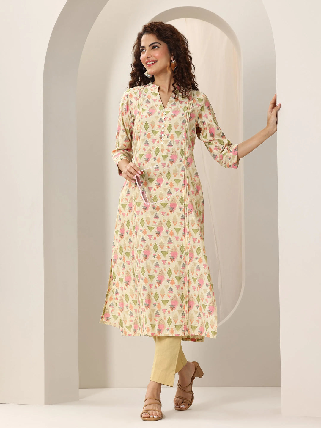  Beige Printed Silk Blend Straight Kurta 