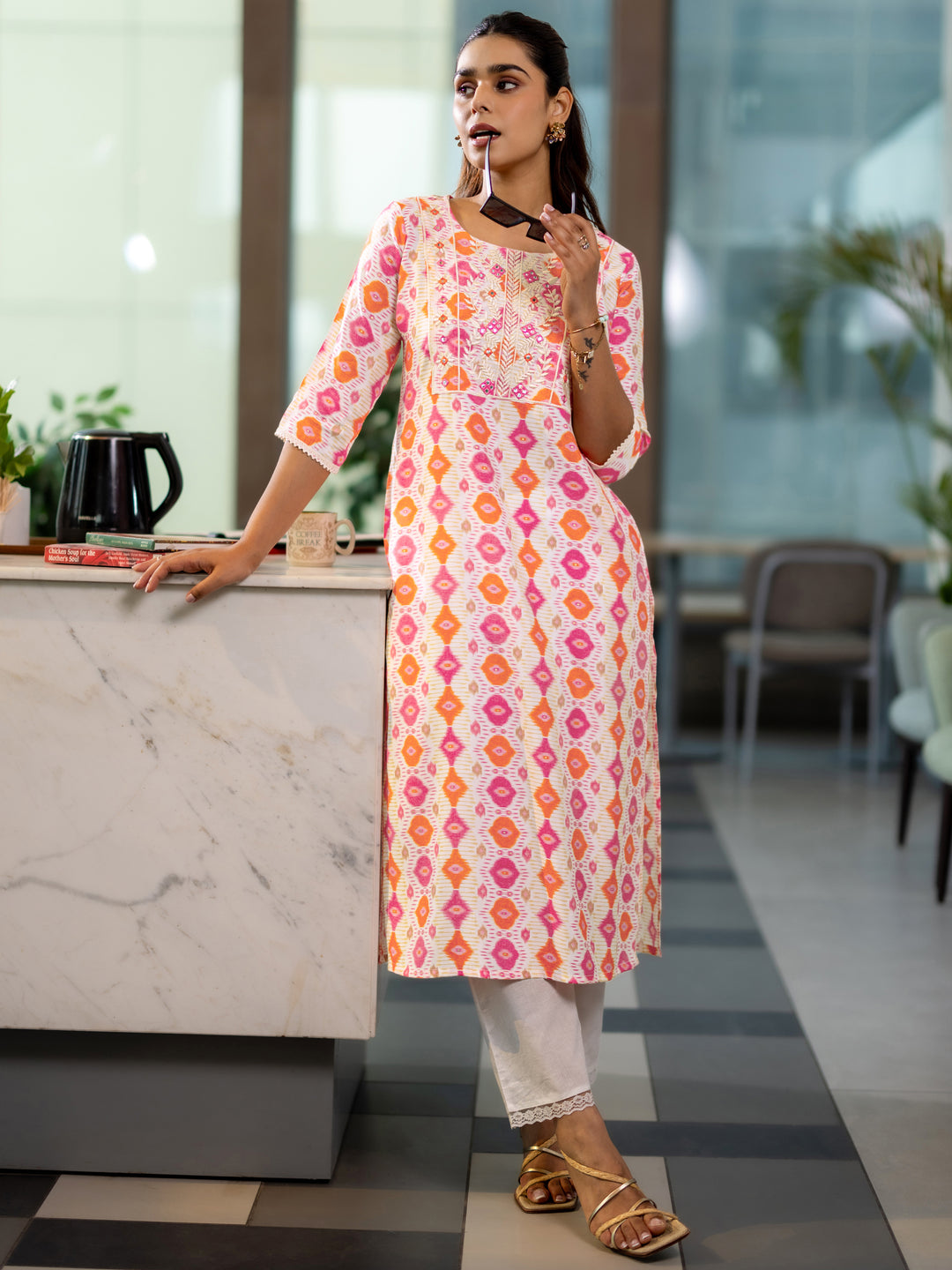  Orange Printed Silk Blend Straight Kurta 