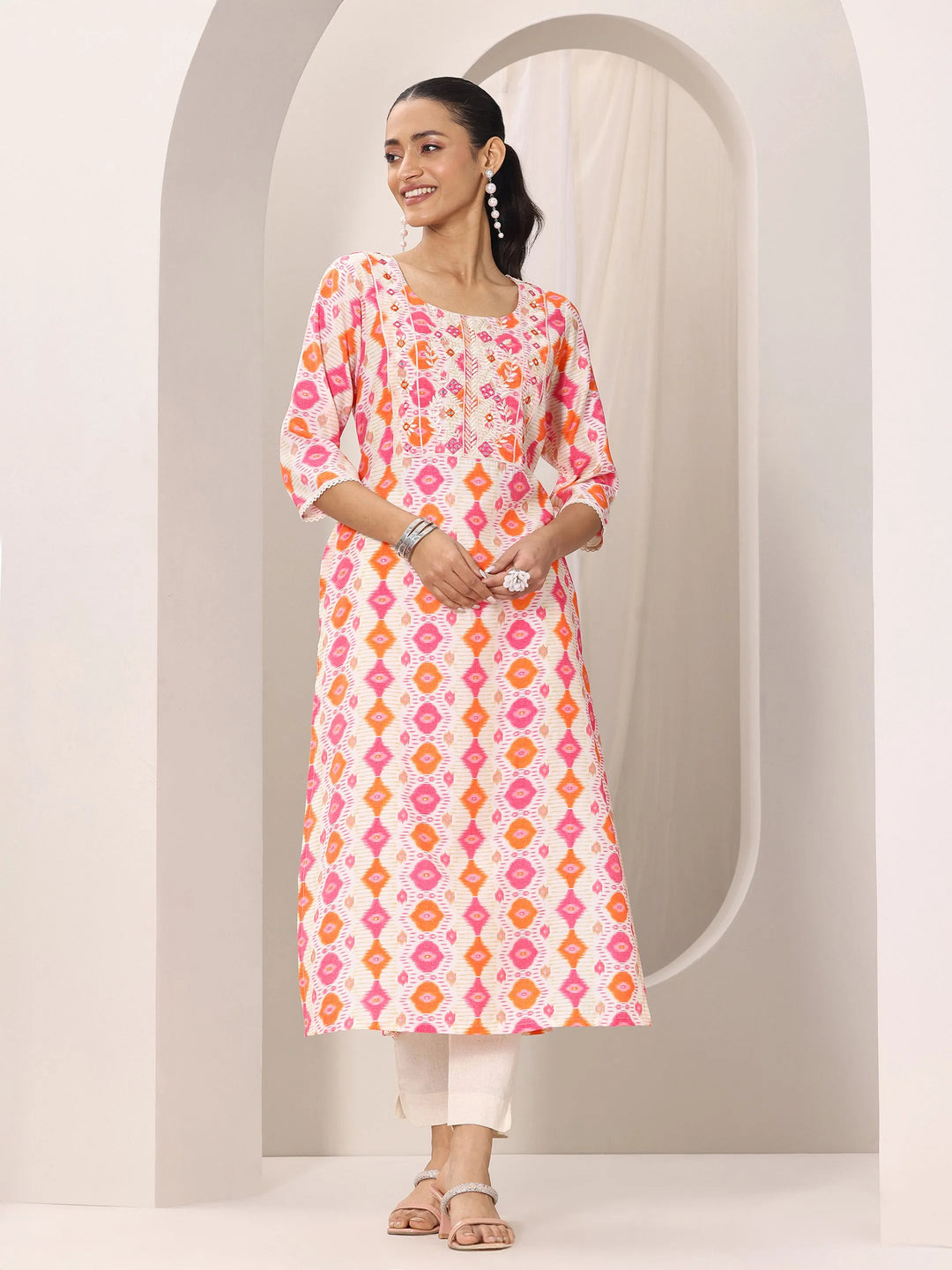 Orange Printed Silk Blend Straight Kurta
