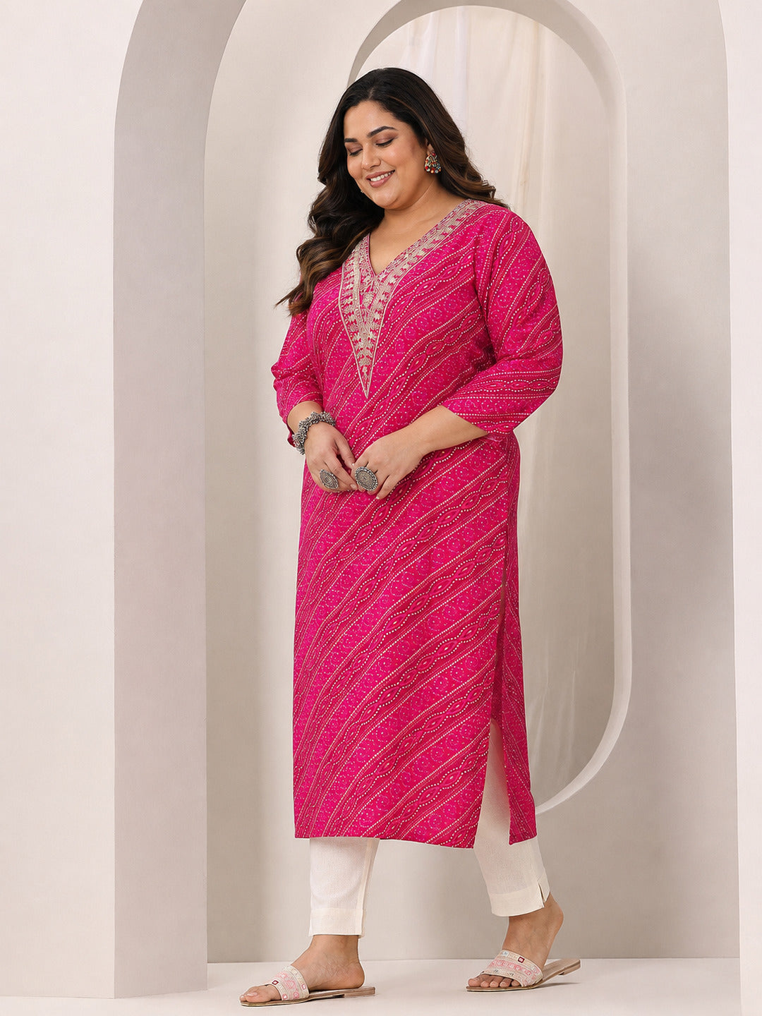  Plus Size Pink Printed Silk Blend Straight Kurta 