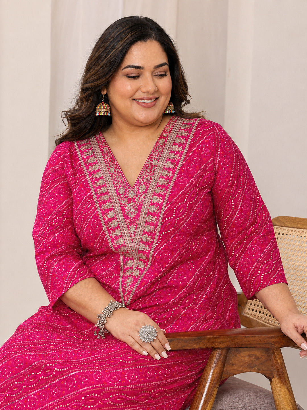  Plus Size Pink Printed Silk Blend Straight Kurta 