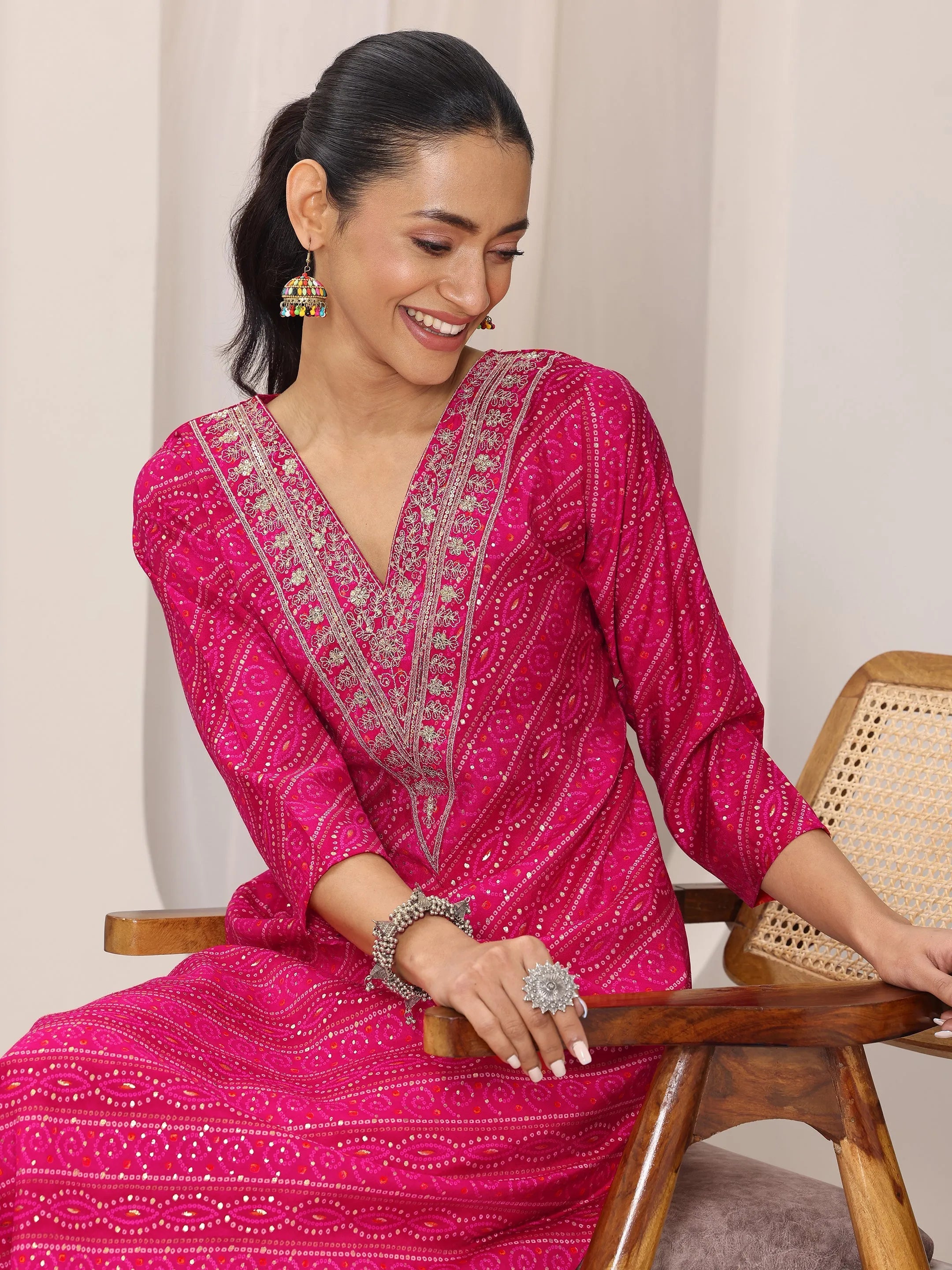 Pink Printed Silk Blend Straight Kurta-image-6
