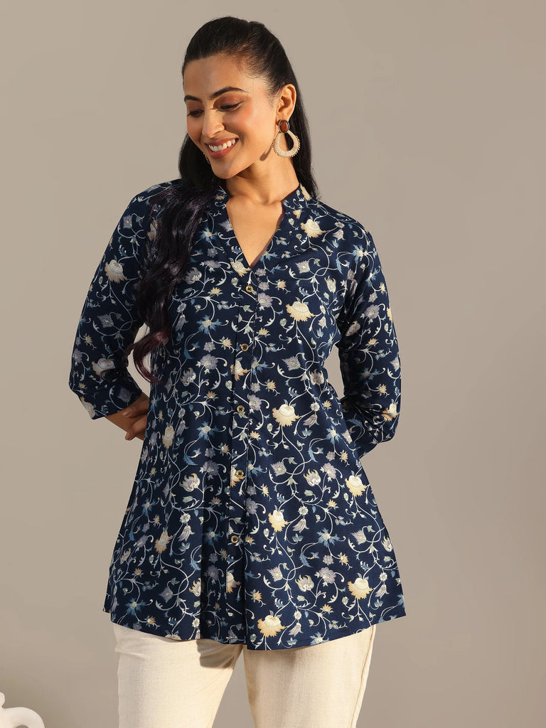 Libas Blue Printed Rayon Straight Short Kurti