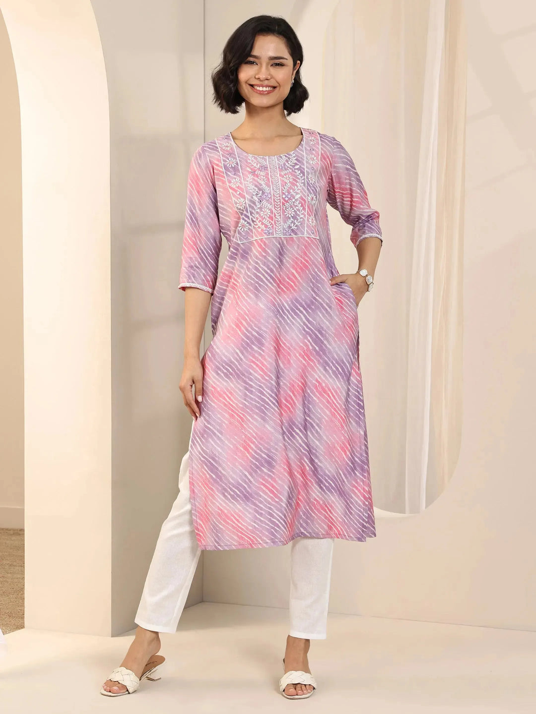 Lavender Printed Silk Blend Straight Kurta