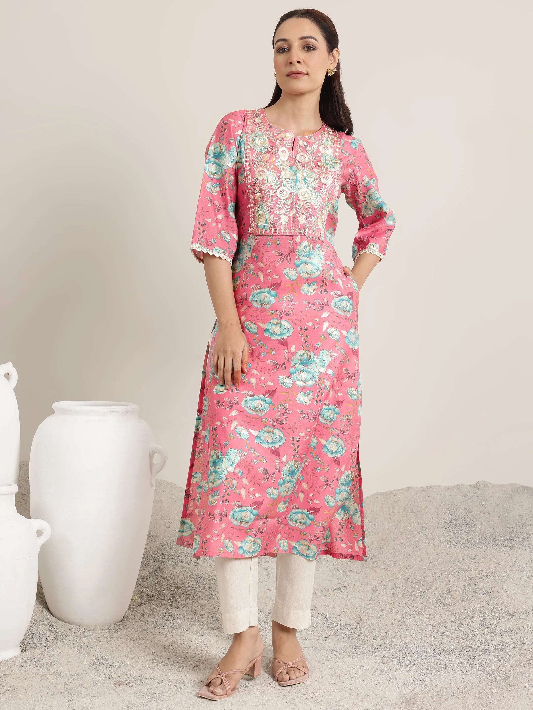 libas Pink Printed Silk Blend Straight Kurta-picture-58