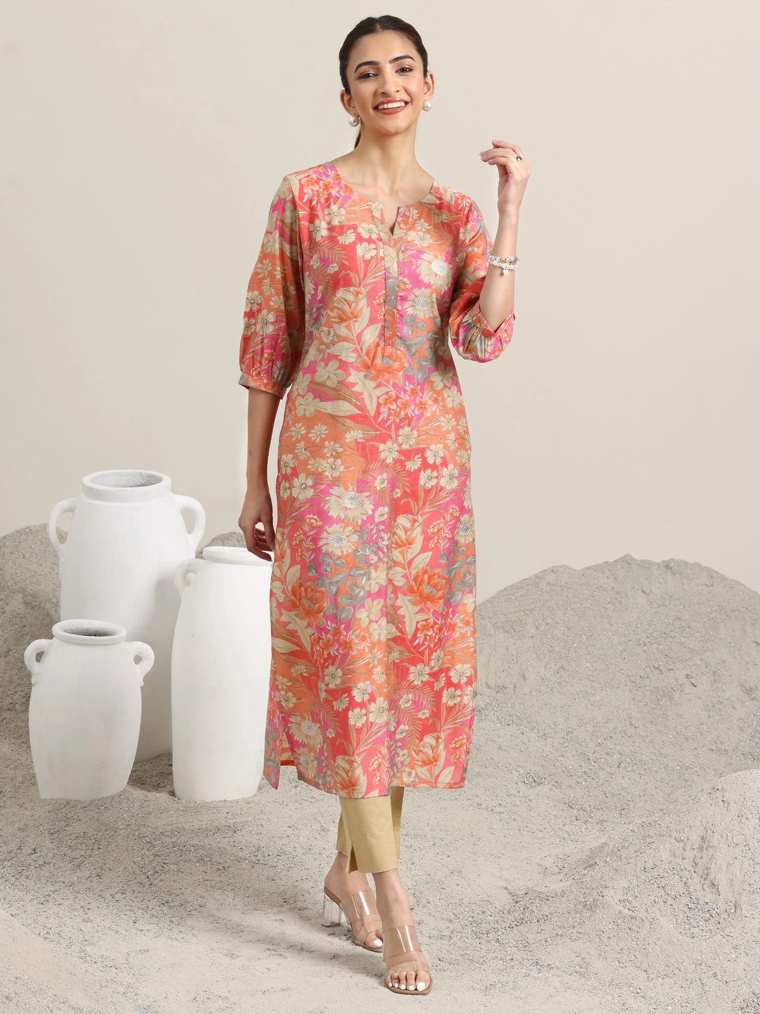  Peach Printed Silk Blend Straight Kurta 