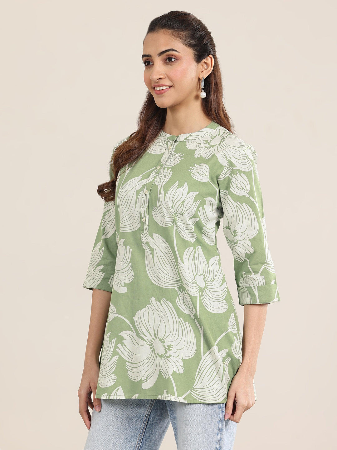  Green Printed Cotton Straight Short Kurti 