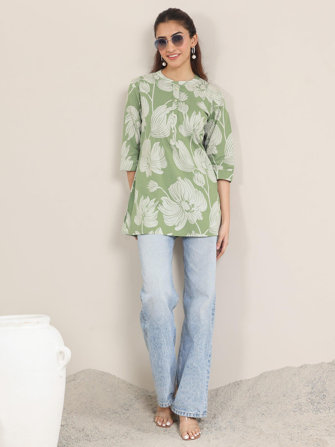  Green Printed Cotton Straight Short Kurti 