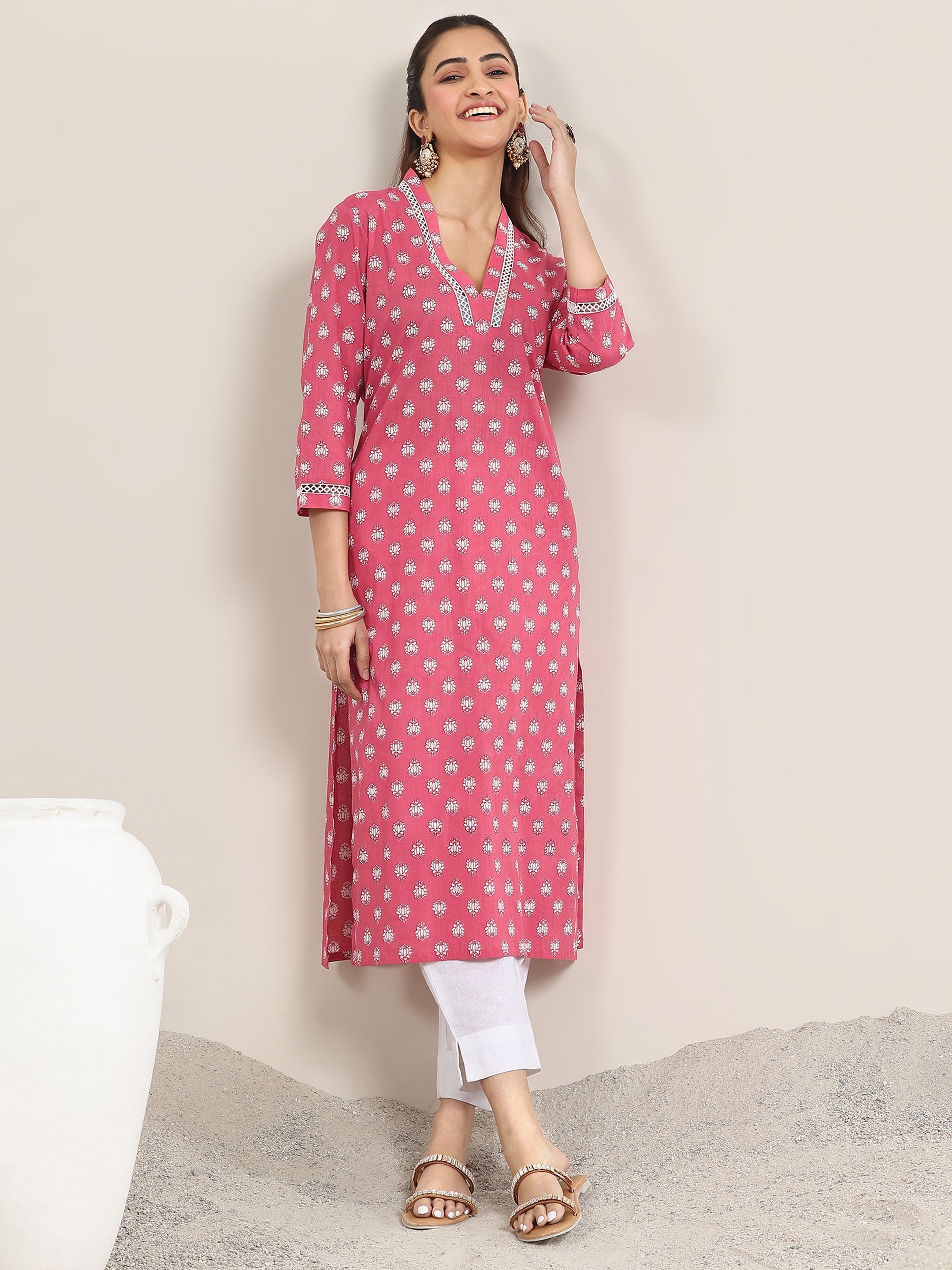 Pink Printed Cotton Straight Kurta-image-7