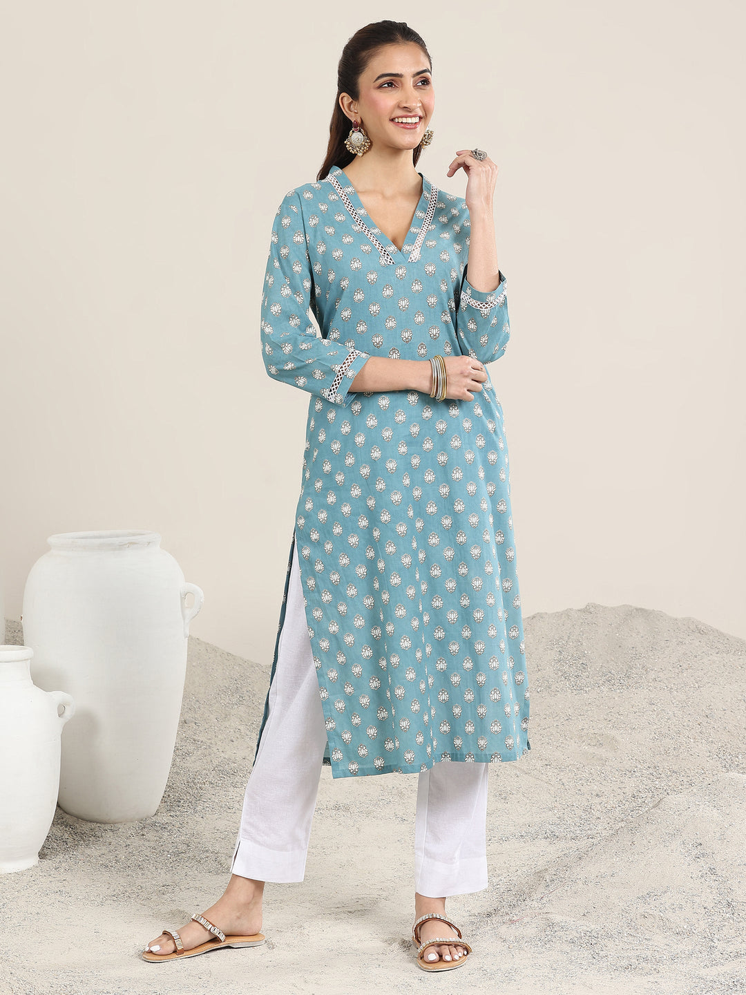  Blue Printed Cotton Straight Kurta 
