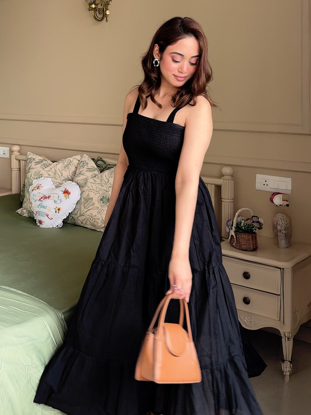 Black Solid Cotton Fit and Flare One Piece Dress