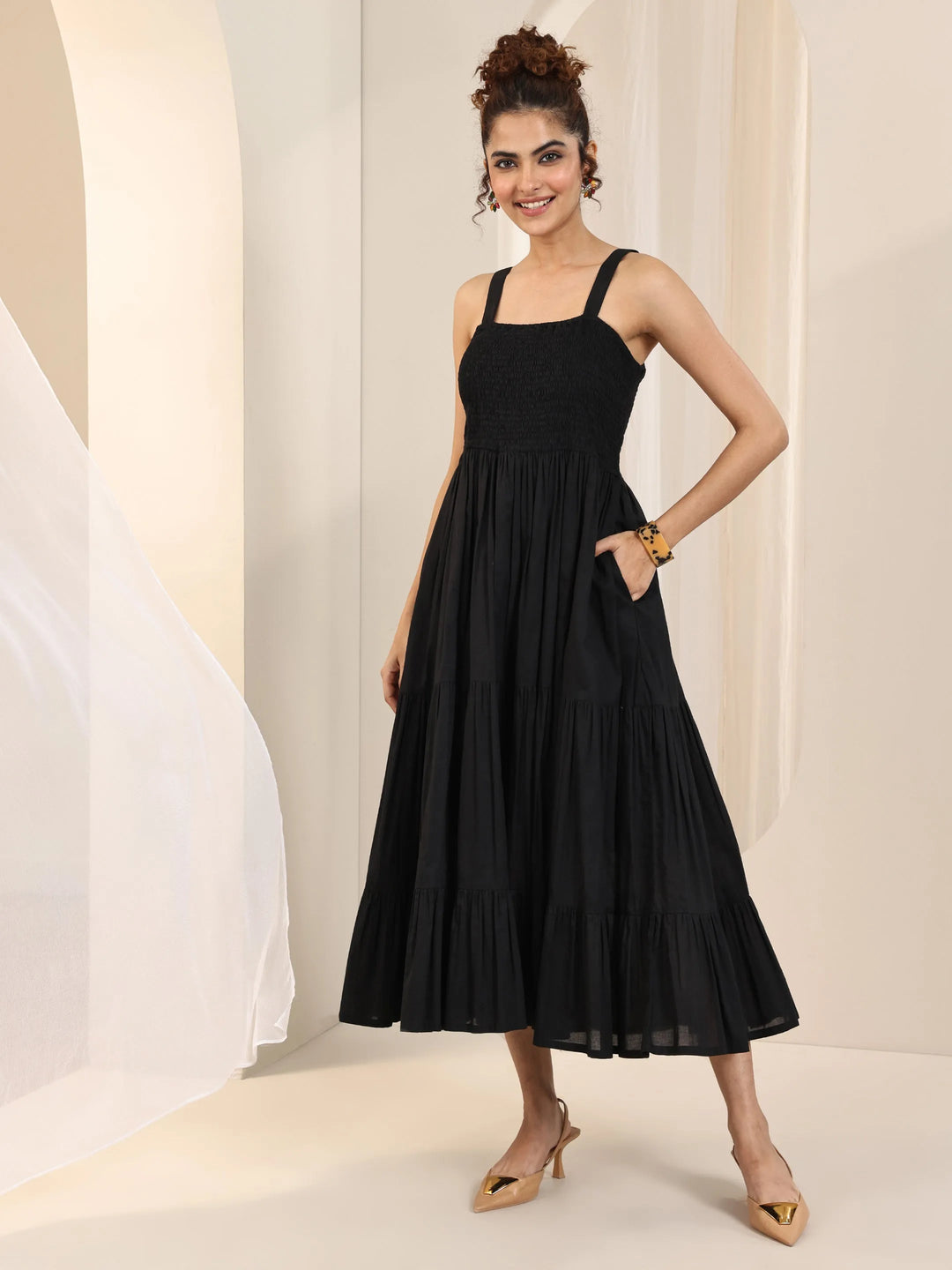 Black Solid Cotton Fit and Flare One Piece Dress