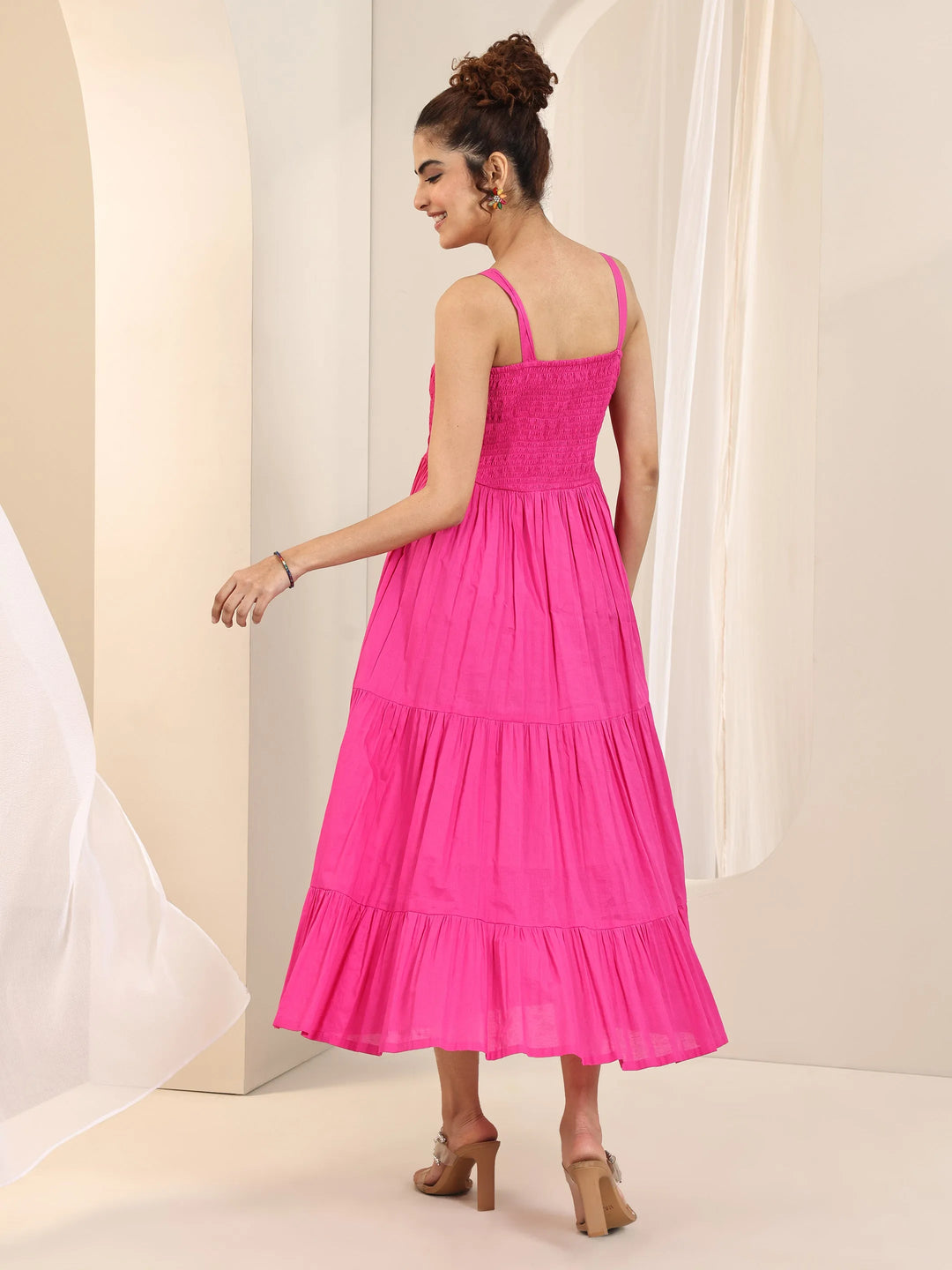  Pink Solid Cotton Fit and Flare One Piece Dress 