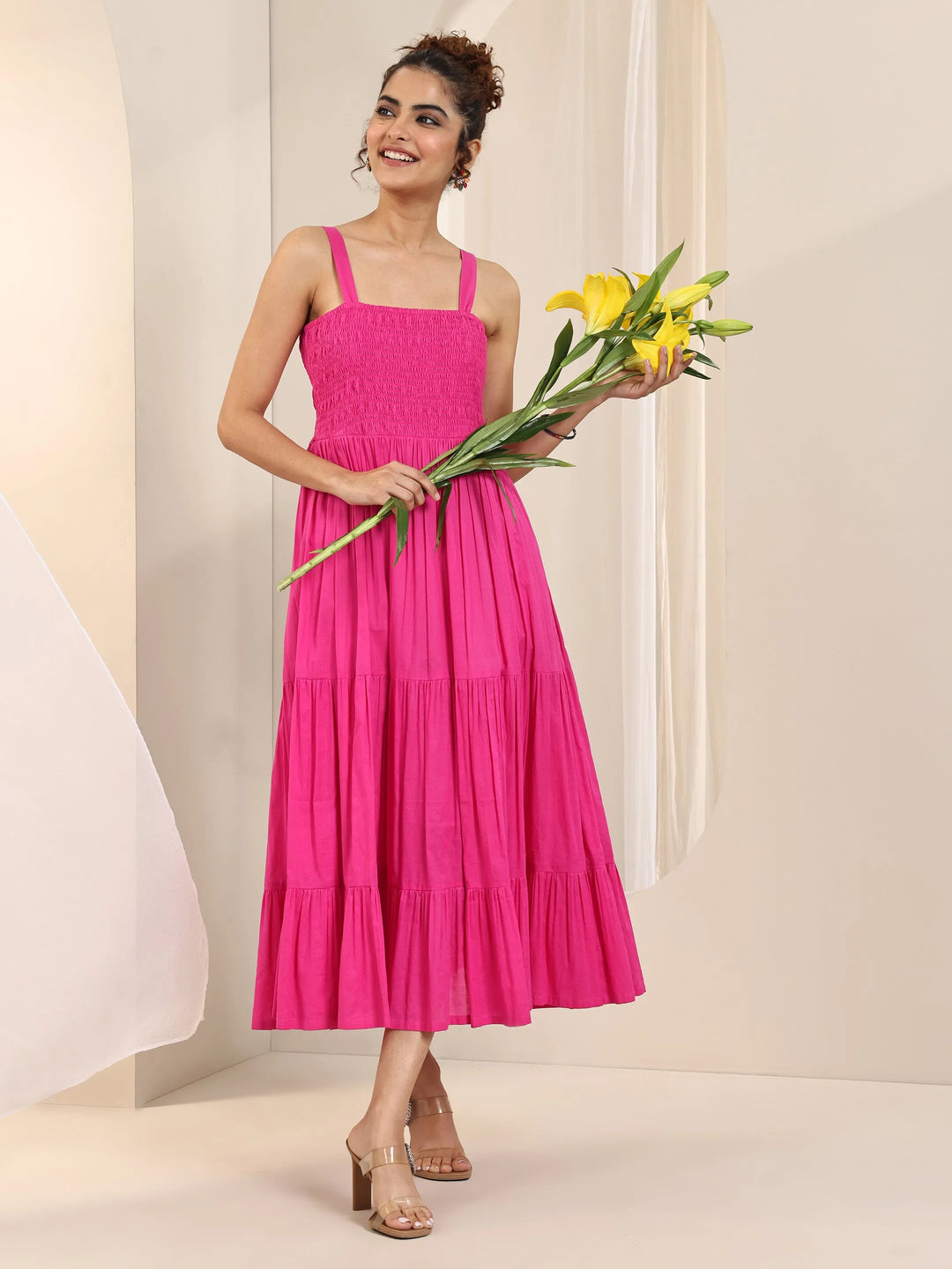 Pink Solid Cotton Fit and Flare One Piece Dress