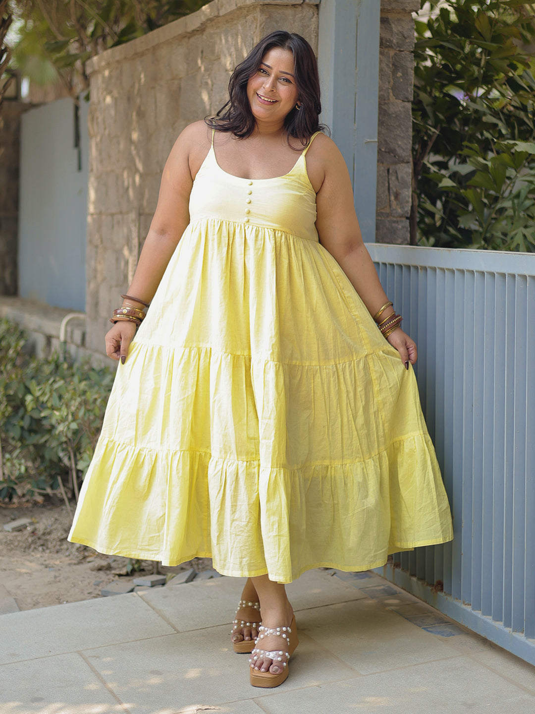  Yellow Solid Cotton Tiered Fit and Flare One Piece Dress 
