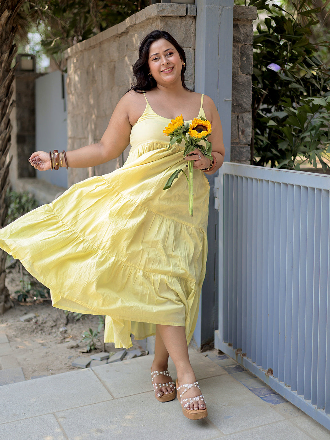 Yellow Solid Cotton Tiered Fit and Flare One Piece Dress