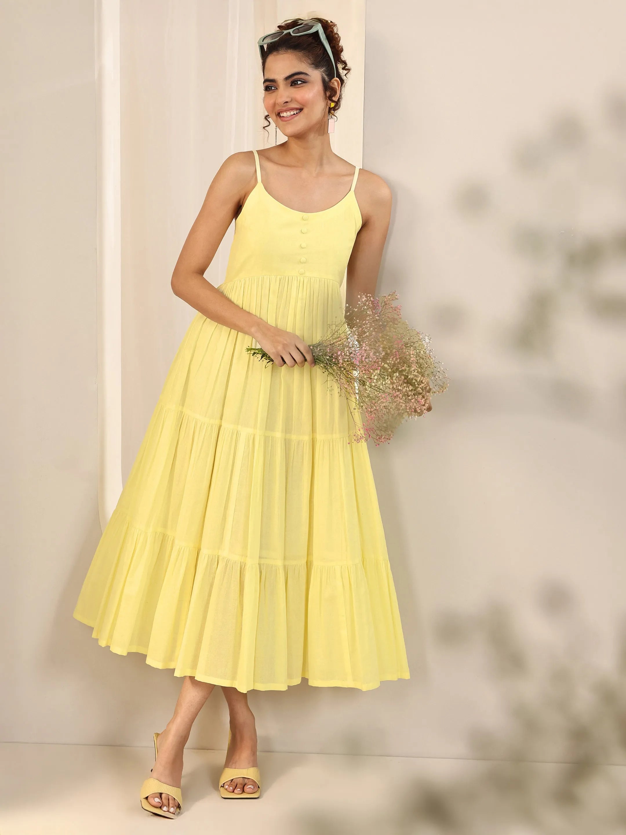 libas Yellow Solid Cotton Tiered Fit and Flare One Piece Dress-picture-54