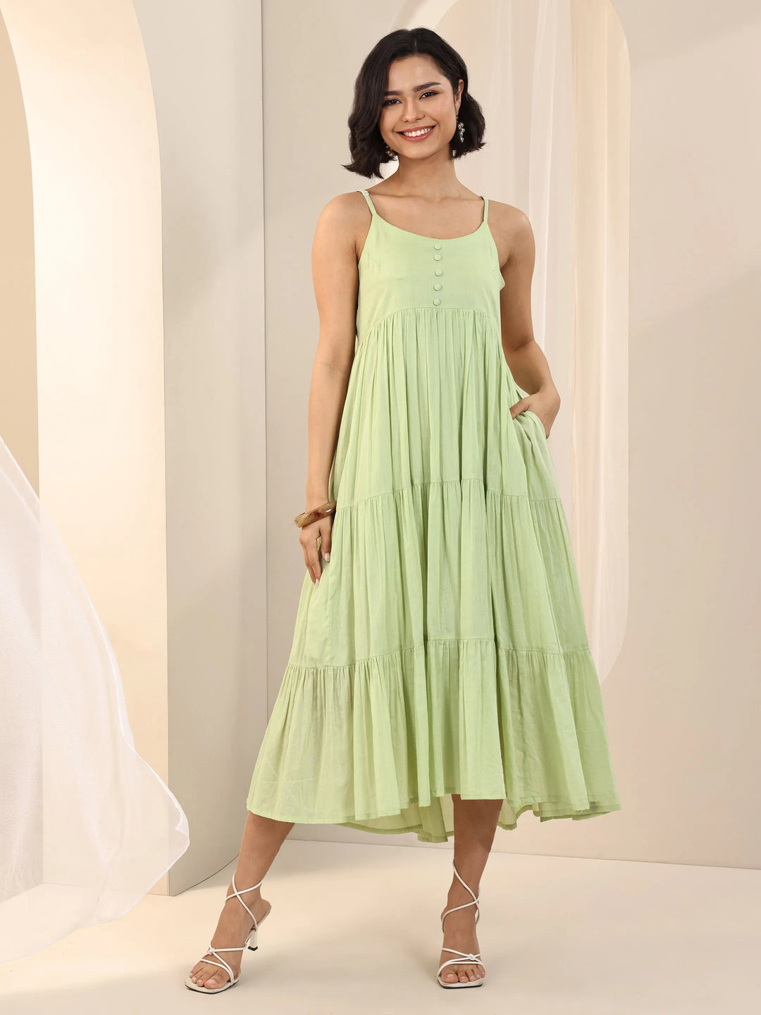  Green Solid Cotton Fit and Flare One Piece Dress 
