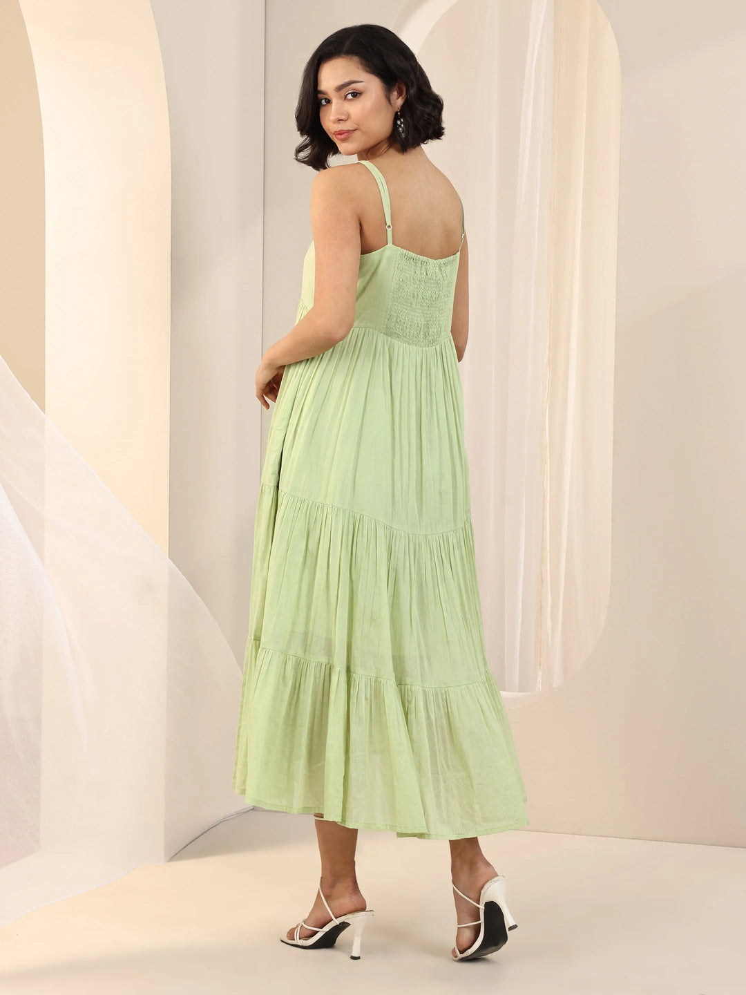  Green Solid Cotton Fit and Flare One Piece Dress 