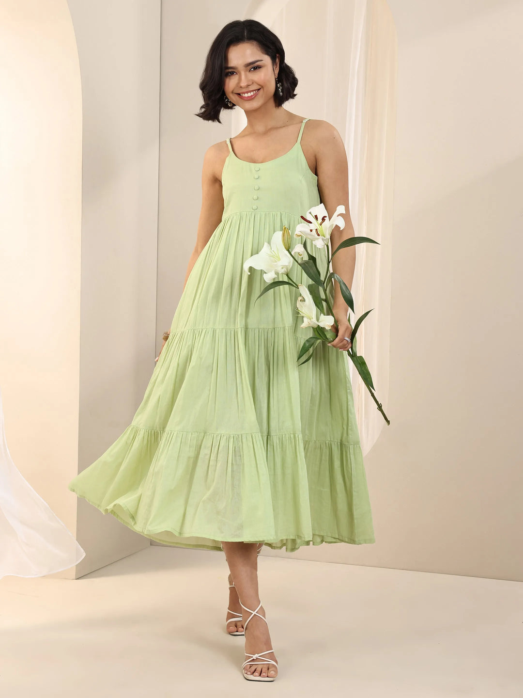  Green Solid Cotton Fit and Flare One Piece Dress 