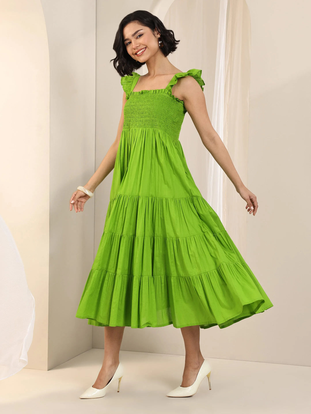  Green Solid Cotton Fit and Flare One Piece Dress 