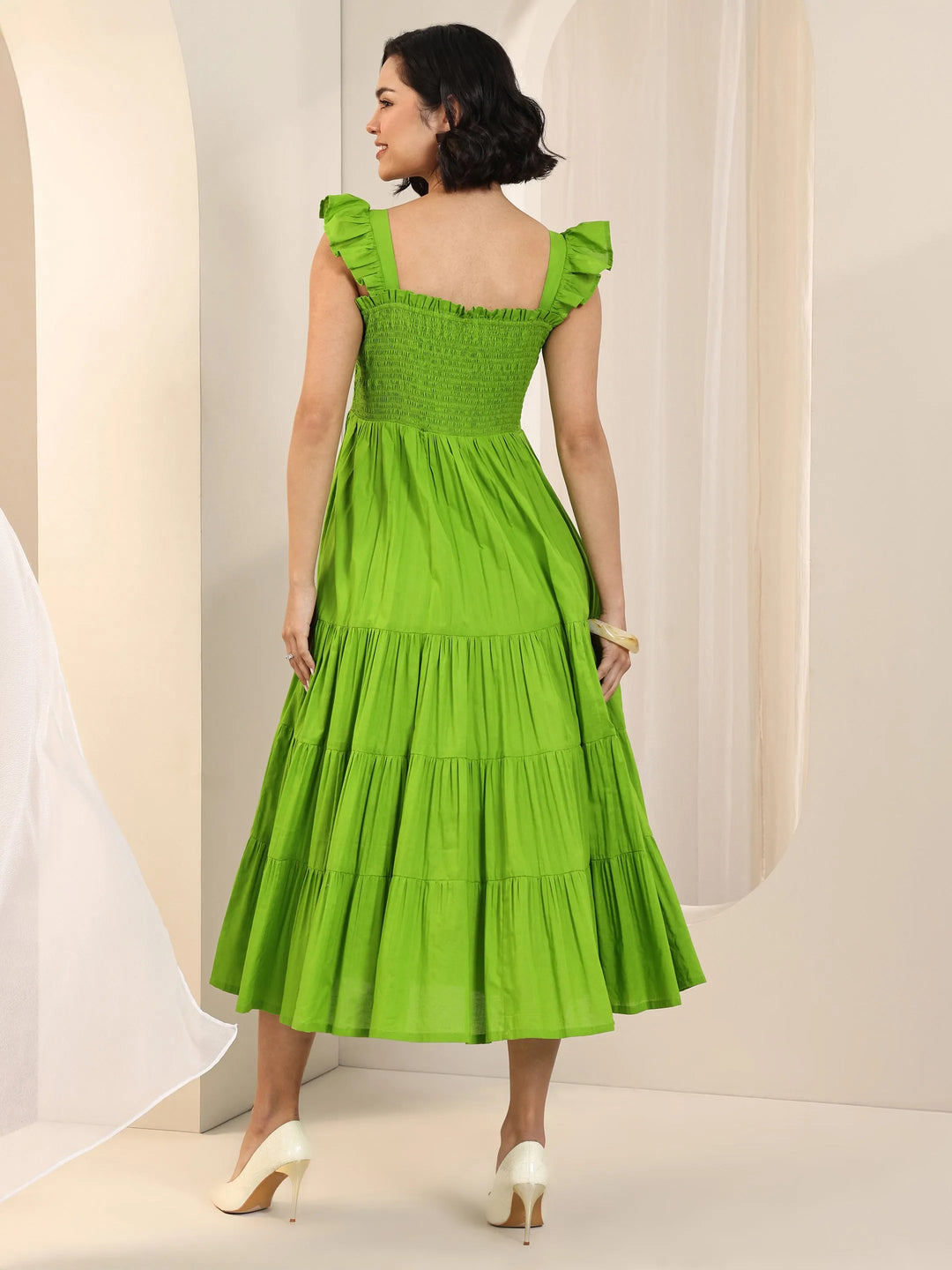  Green Solid Cotton Fit and Flare One Piece Dress 