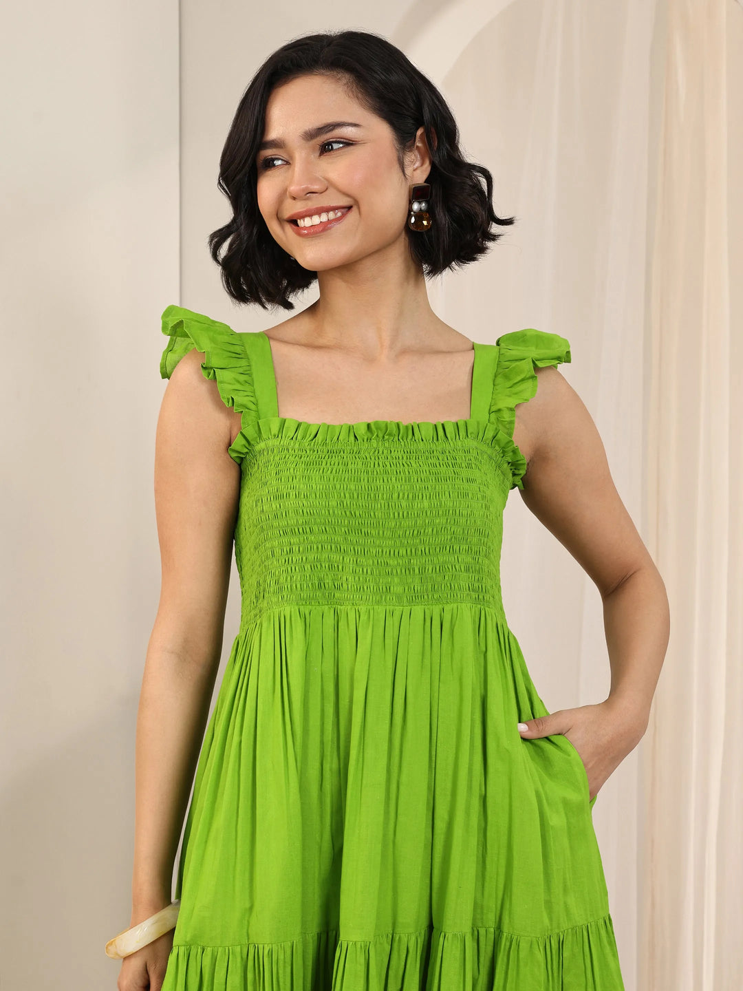  Green Solid Cotton Fit and Flare One Piece Dress 