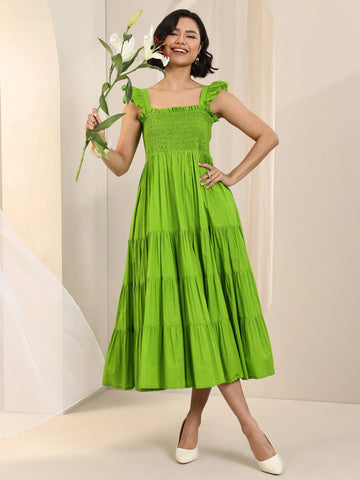 Libas Green Solid Cotton Fit and Flare One Piece Dress
