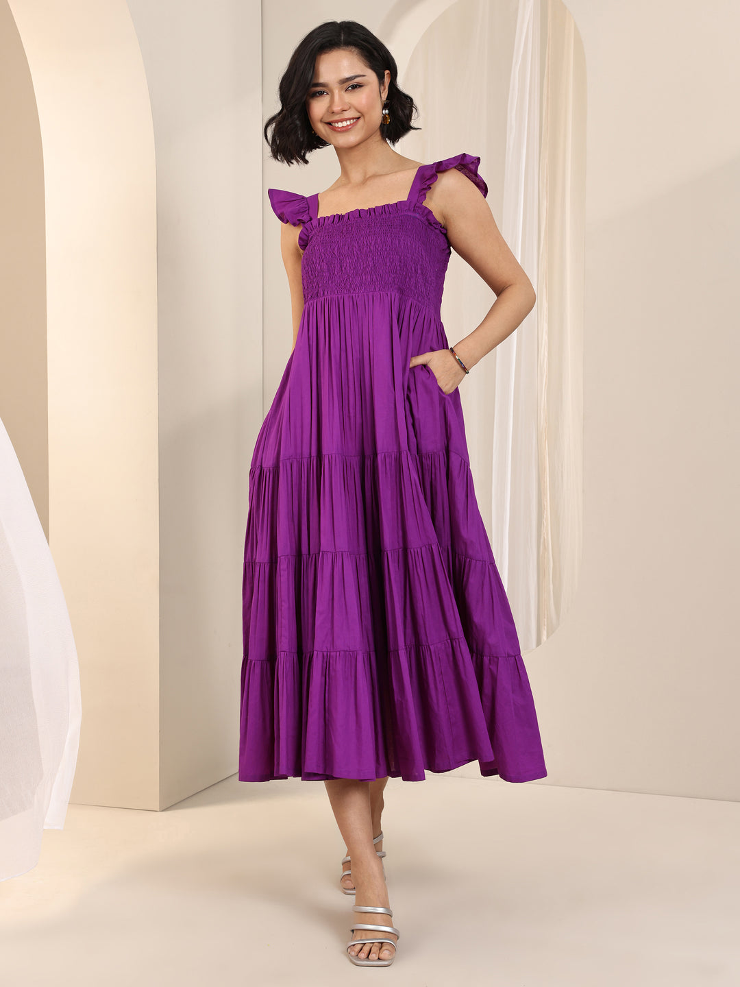  Purple Solid Cotton Fit and Flare One Piece Dress 