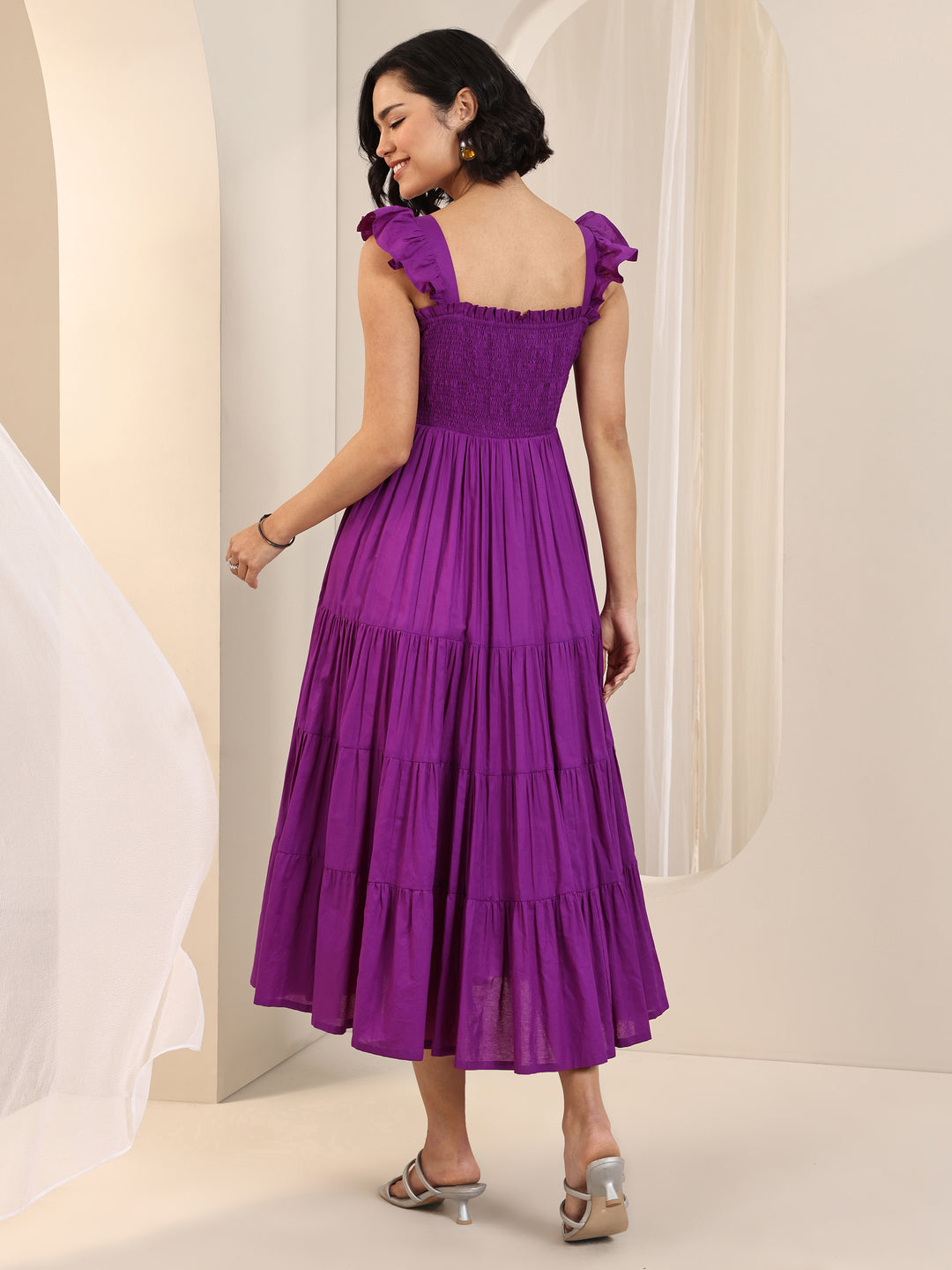  Purple Solid Cotton Fit and Flare One Piece Dress 