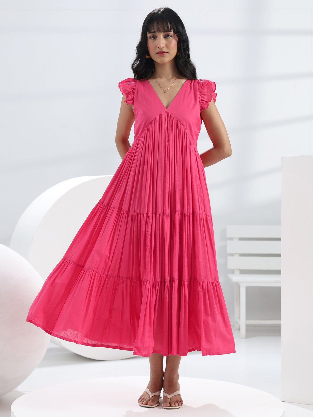  Coral Solid Cotton A-Line One-Piece Tiered Dress 