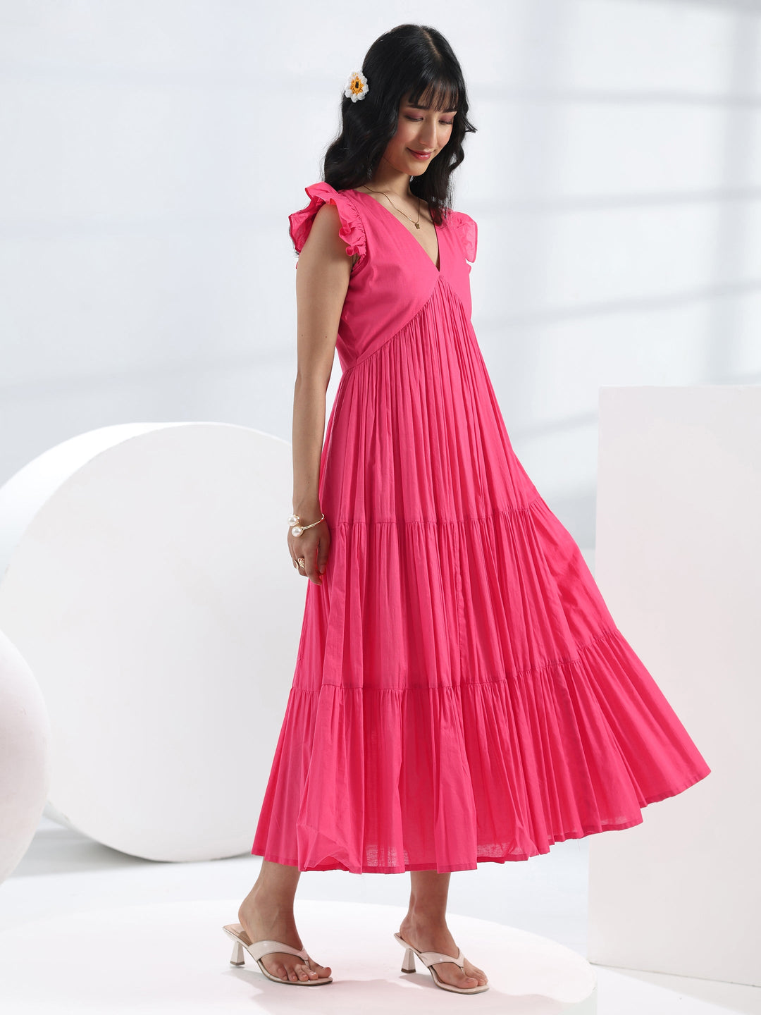  Coral Solid Cotton A-Line One-Piece Tiered Dress 