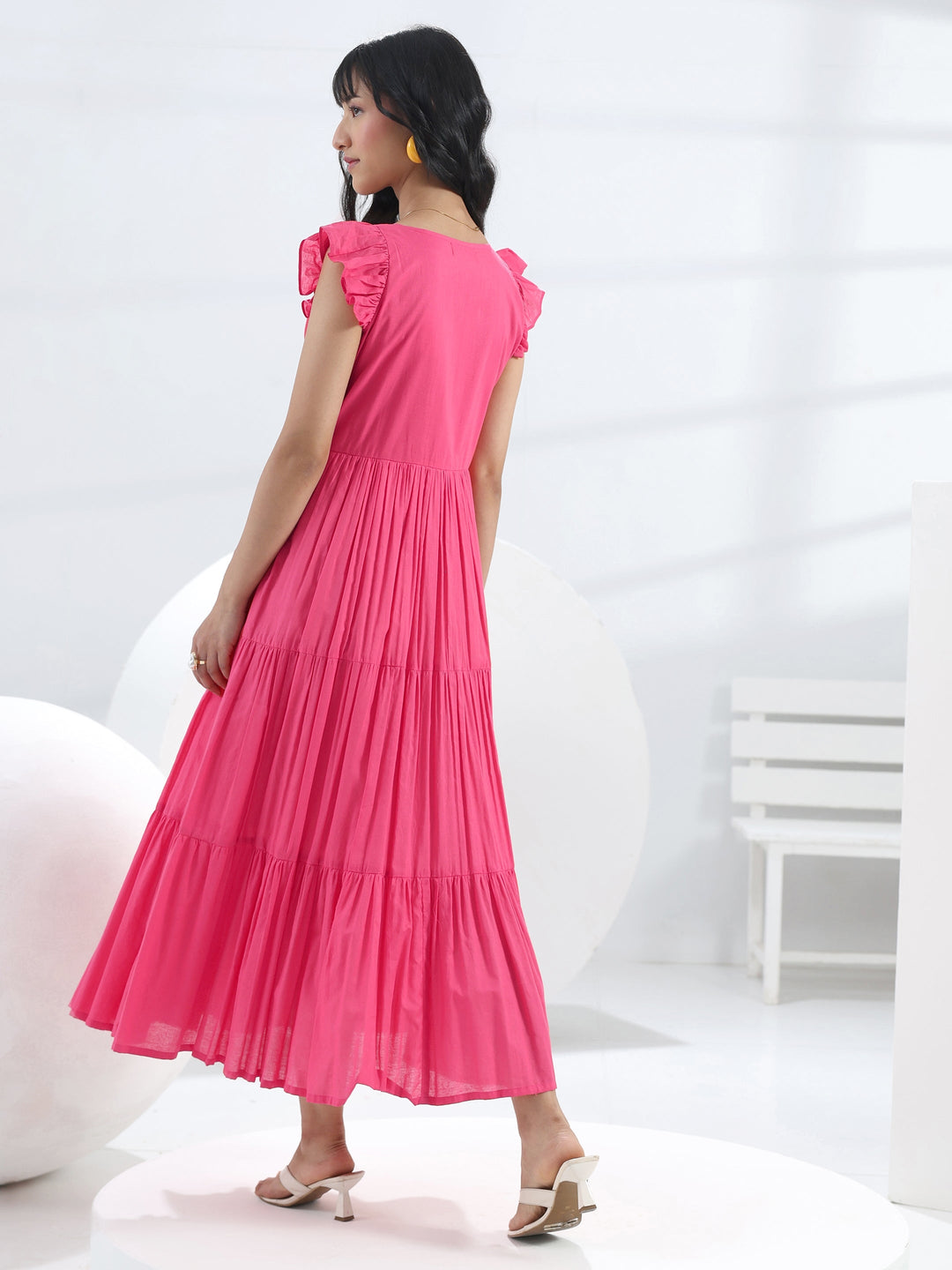  Coral Solid Cotton A-Line One-Piece Tiered Dress 