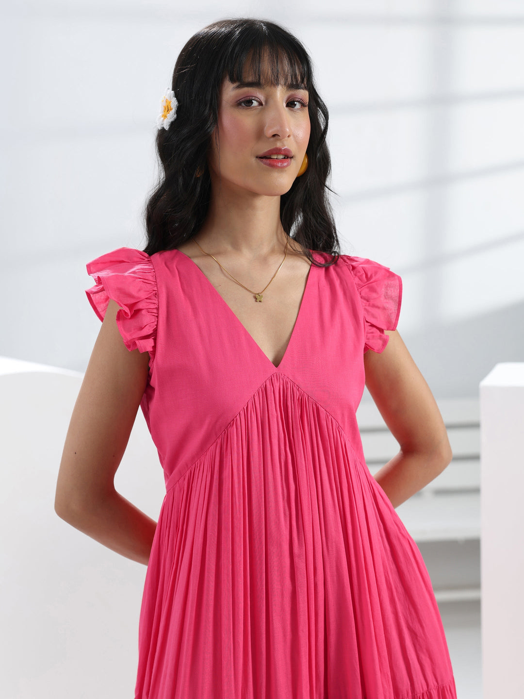  Coral Solid Cotton A-Line One-Piece Tiered Dress 