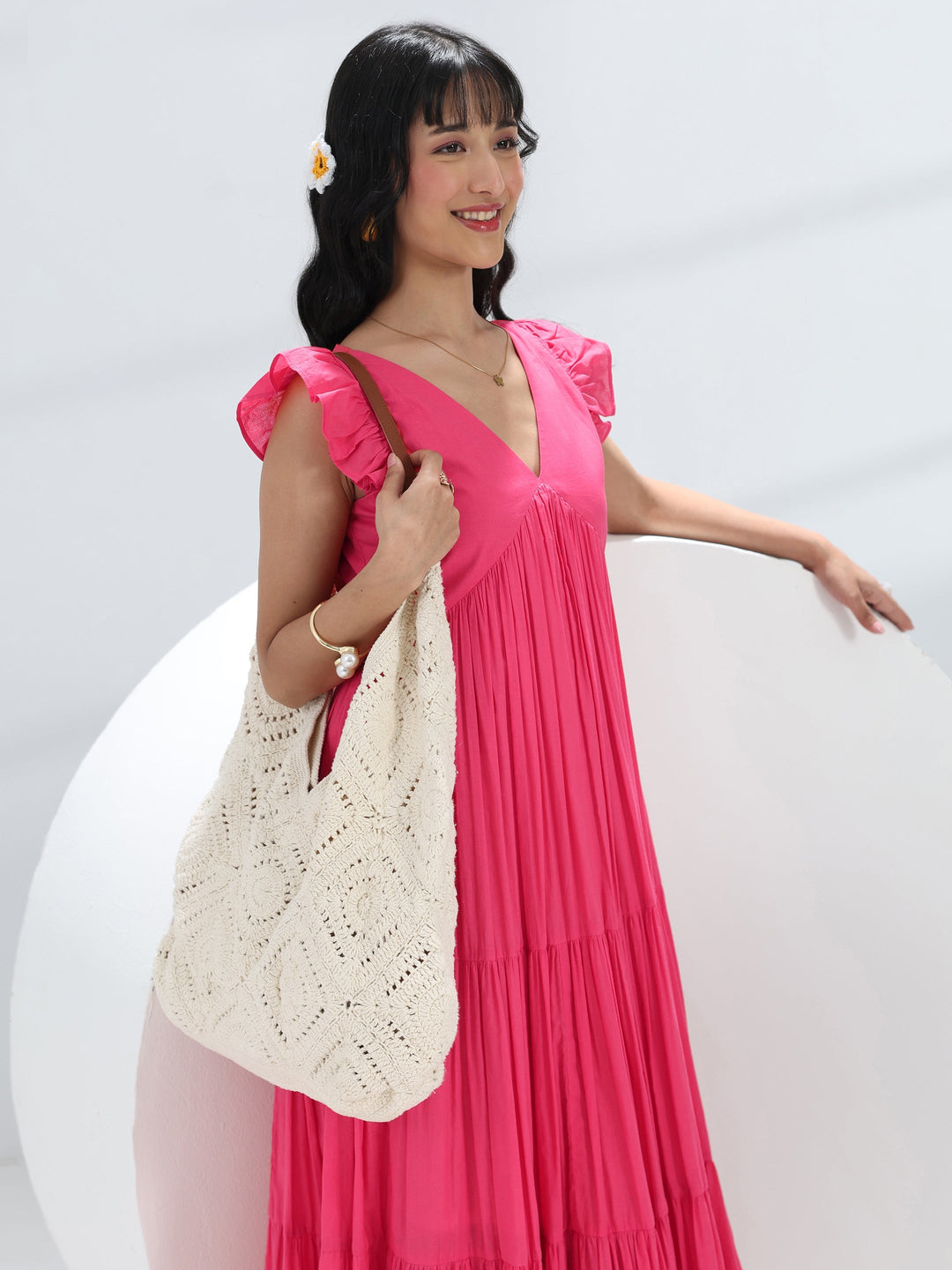  Coral Solid Cotton A-Line One-Piece Tiered Dress 