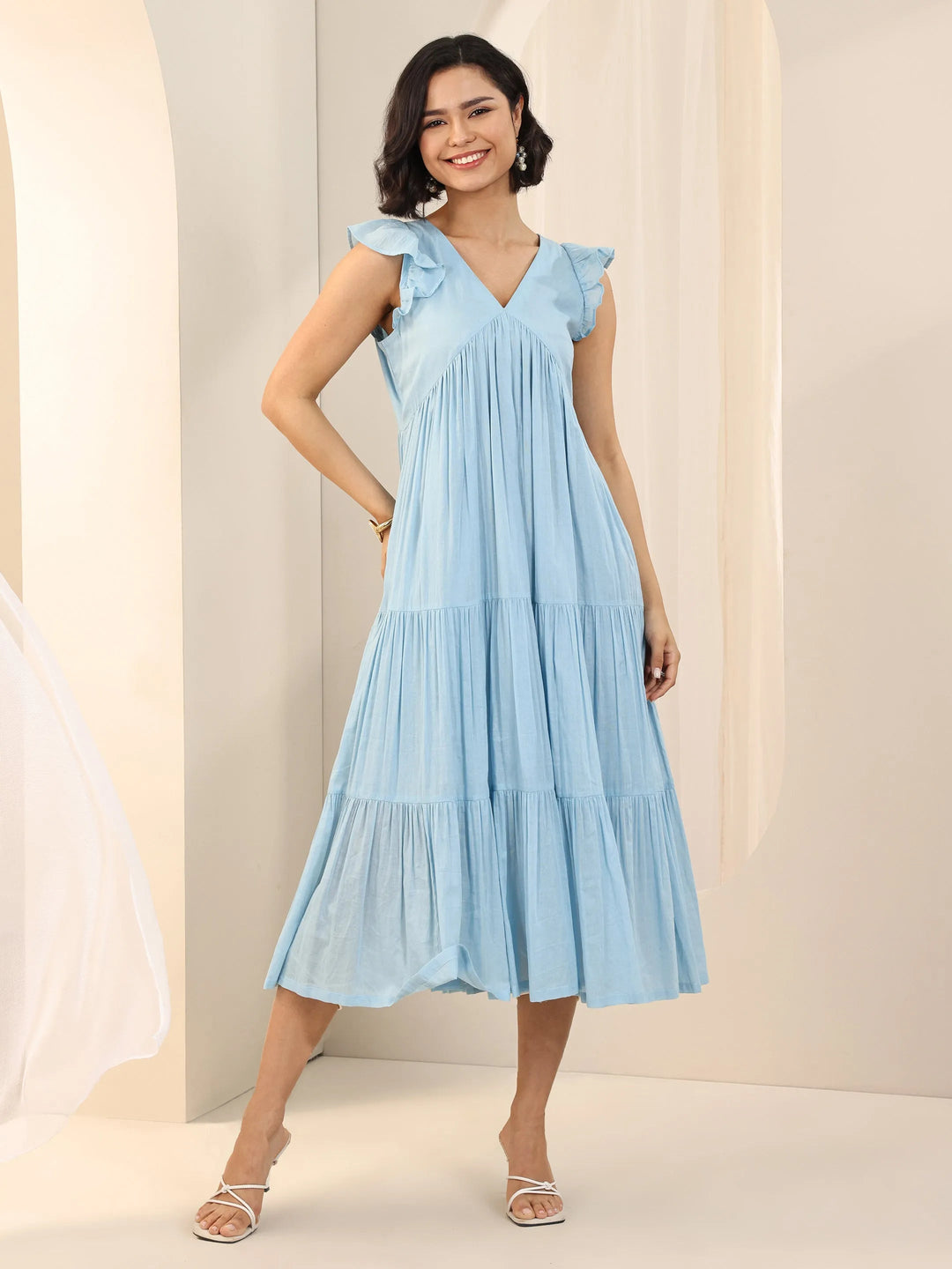  Blue Solid Cotton Fit and Flare One Piece Dress 