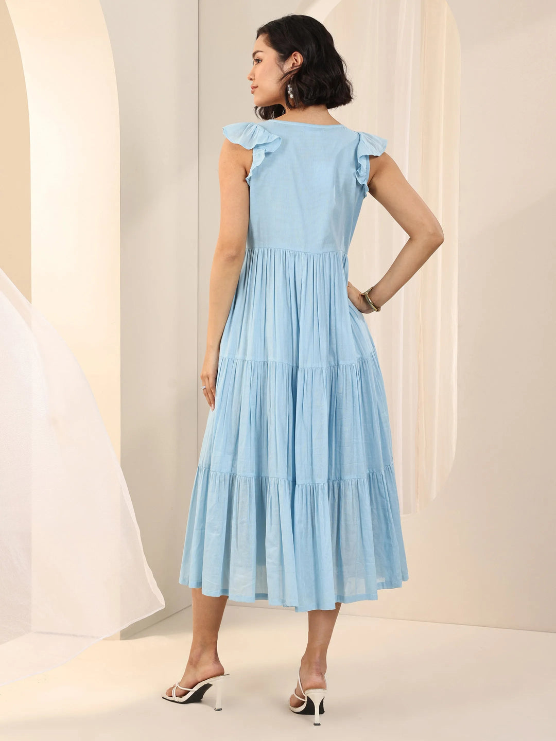  Blue Solid Cotton Fit and Flare One Piece Dress 