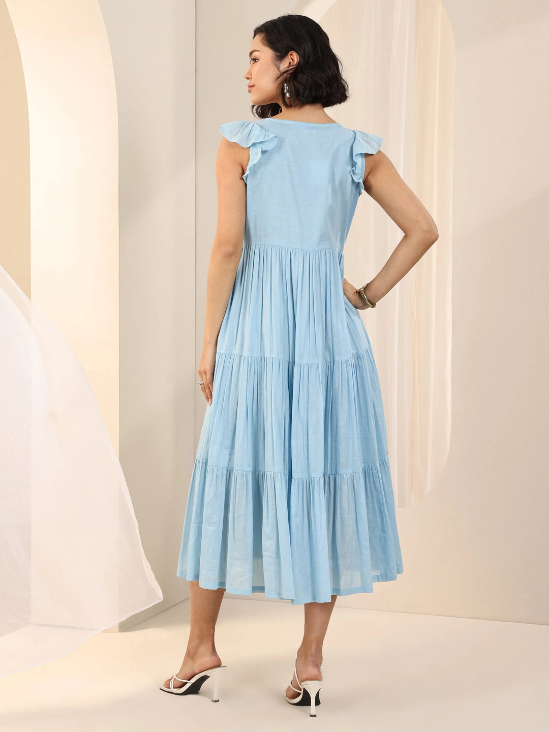  Blue Solid Cotton Fit and Flare One Piece Dress 