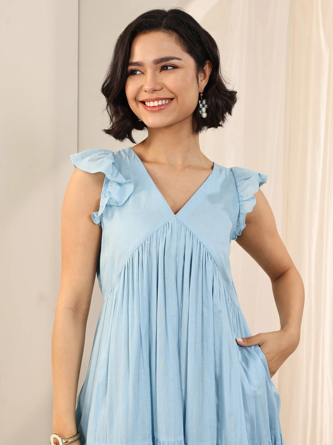  Blue Solid Cotton Fit and Flare One Piece Dress 