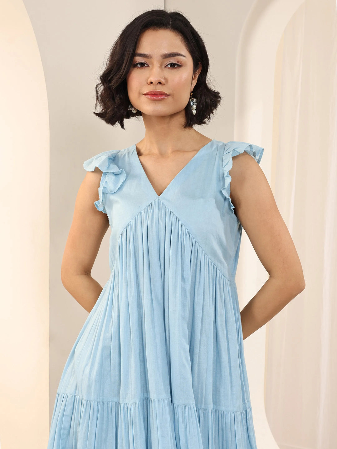  Blue Solid Cotton Fit and Flare One Piece Dress 