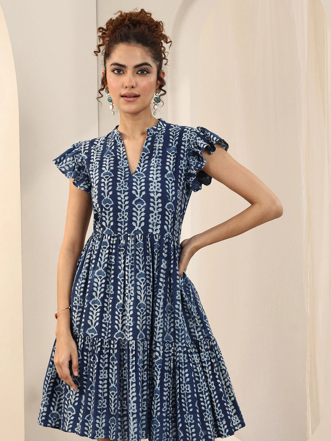  Indigo Printed Cotton Fit and Flare One Piece Dress 