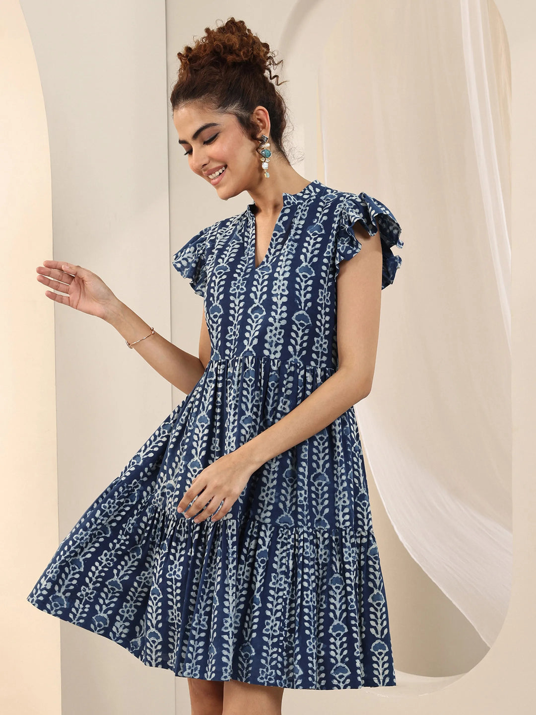  Indigo Printed Cotton Fit and Flare One Piece Dress 