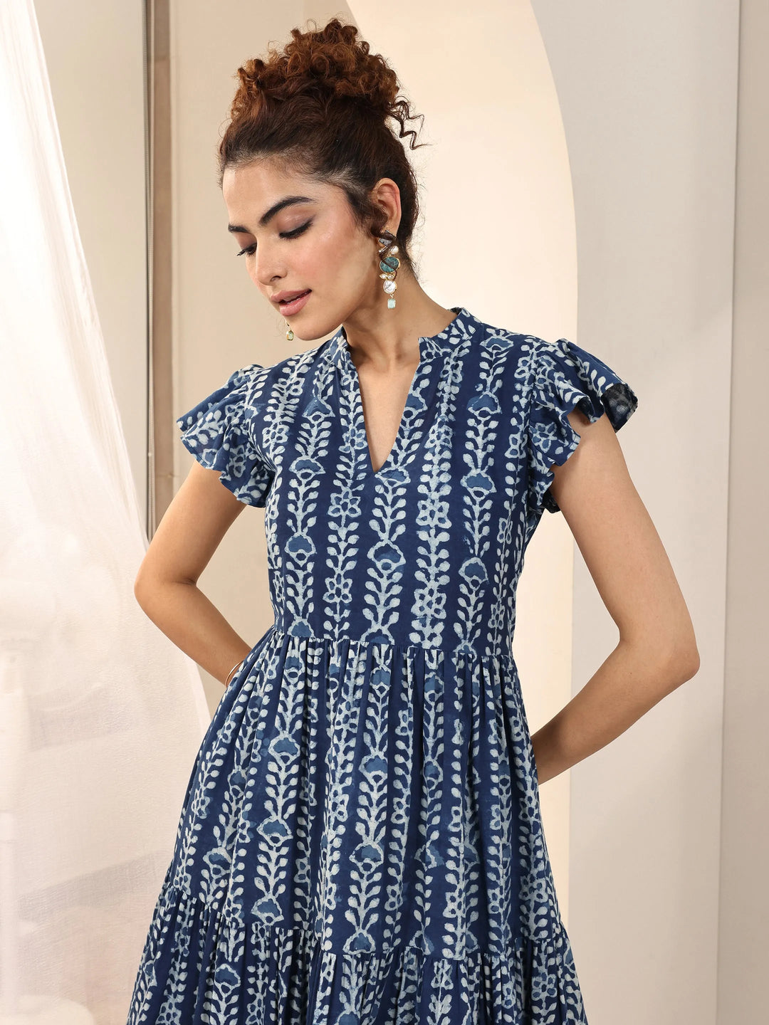 Indigo Printed Cotton Fit and Flare One Piece Dress 